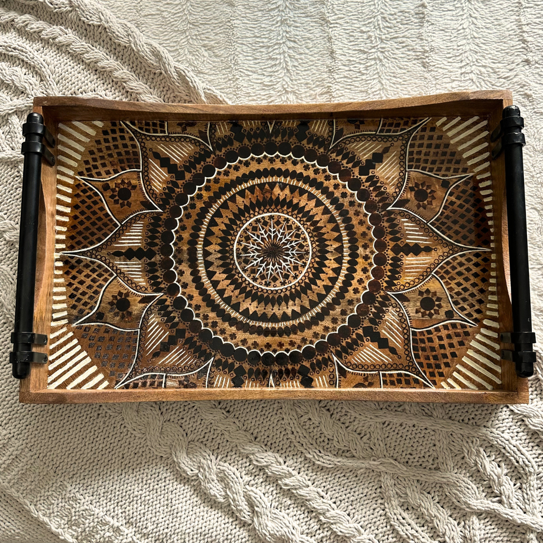 Hand Carved, Painted, & Burned Mandala Tray (Decoration Only)