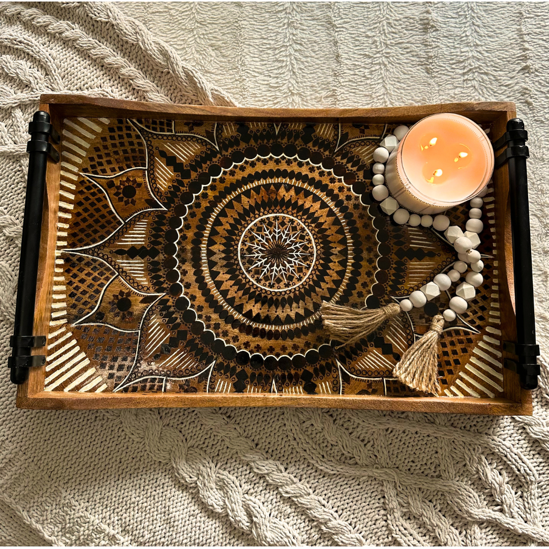 Hand Carved, Painted, & Burned Mandala Tray (Decoration Only)