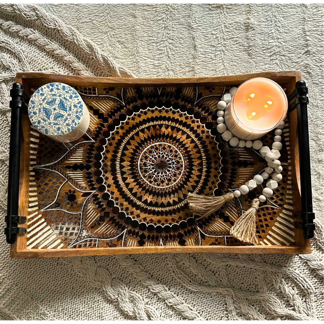 Hand Carved, Painted, & Burned Mandala Tray (Decoration Only)