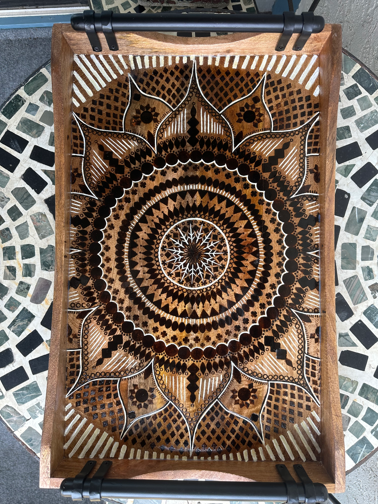 Hand Carved, Painted, & Burned Mandala Tray (Decoration Only)